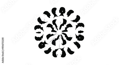Intricate black and white mandala pattern formed from abstract human profiles