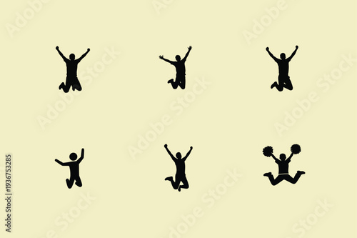 Silhouettes of people jumping and celebrating in various dynamic poses, armed forces day