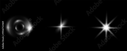 Abstract lens flare light set, glowing starburst and optical flare effects on black background