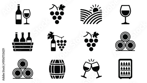 Collection of wine-related icons featuring bottles, glasses, grapes, and barrels in a modern vector art style