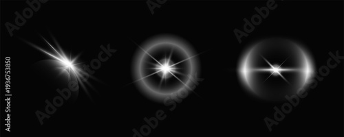 White Light Flare Pack with Glow Circles and Shiny Star Effects on Black Background