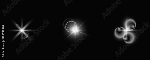 White Lens Flare Effects Set with Starburst Light, Glow Rings and Abstract Highlights on Black Background