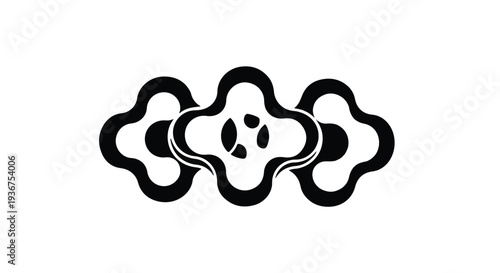 Abstract geometric pattern with organic shapes and a central element, rendered in bold black and white.