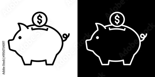 Piggy Bank icon concept in flat black and white style on clean background vector illustration design	