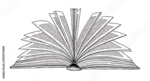 An open book lies flat with pages fanned out in a detailed illustration.