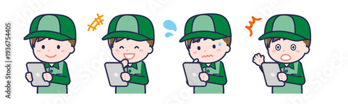 タブレットを使う「配達員」の男性