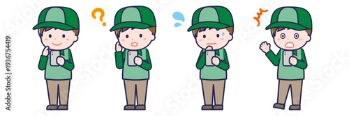 スマートフォンを使う「配達員」の男性