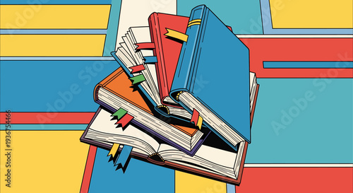 A stack of colorful books with pencils lying on a vibrant geometric background from a top-down viewpoint