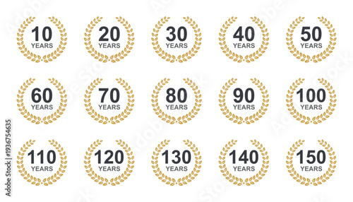 Anniversary laurel wreath. 10 to 150 years anniversary floral laurel wreath. Anniversary celebration template with laurel wreath. 10-150 years celebration label