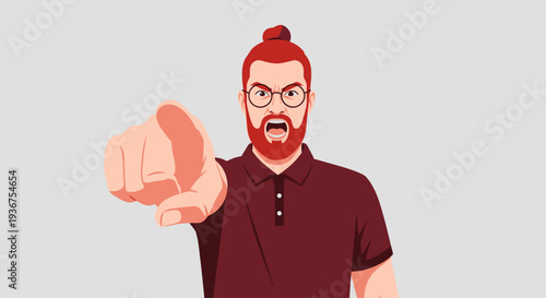 Hipster man shouting and pointing forward in aggressive pose. Ideal for concepts of customer complaints, shouting, accusations, public speaking, or aggressive communication.