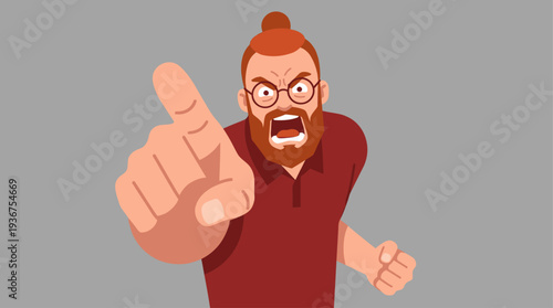 Hipster man shouting and pointing forward in aggressive pose. Ideal for concepts of customer complaints, shouting, accusations, public speaking, or aggressive communication.