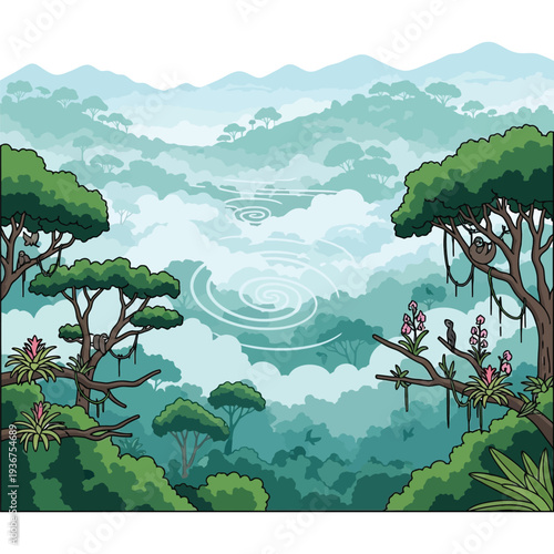 Misty jungle with lush green trees, hanging vines and wildlife