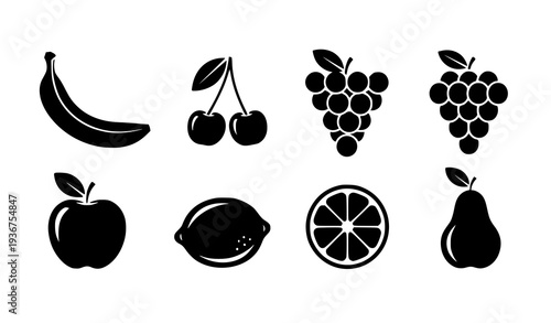 Fruit silhouette icon collection banana cherry grapes apple lemon orange pear black flat vector set