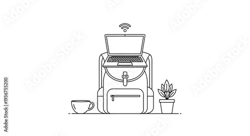 Remote Workspace with Open Laptop on Backpack, Coffee Cup, and Plant in Light Beige Studio