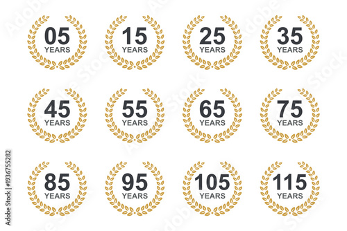 Anniversary celebration template with laurel wreath. 5 to 115 years anniversary floral laurel wreath. Anniversary icon or logo with laurel wreath. 10-150 years celebration label