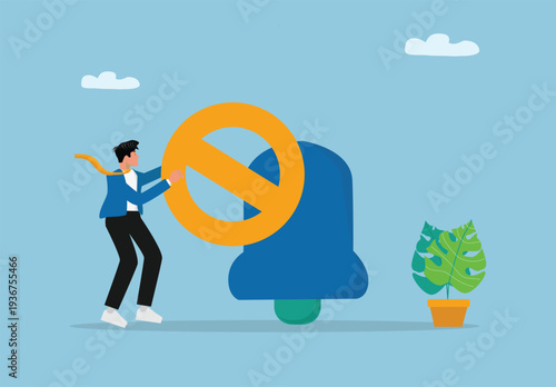 Modern flat illustration of business person pushing prohibition symbol in front of large notification bell icon representing blocking alerts