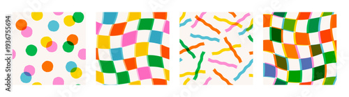 Seamless patterns with colorful dot, wavy checker and steamers confetti in retro abstract style. Dot and checker seamless pattern with bright overlapping colors. Drag to swatches panel to use.