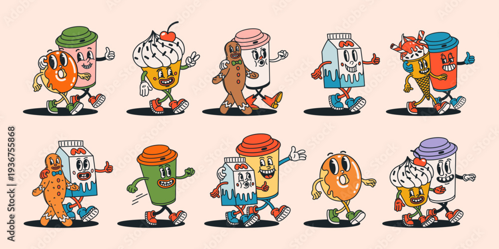 Fototapeta premium Retro food and drink characters in groovy style. Cartoon donuts, cupcakes, coffee cups, milk, gingerbread and ice cream walking in pairs. Fun vector illustration for stickers, branding and designs.