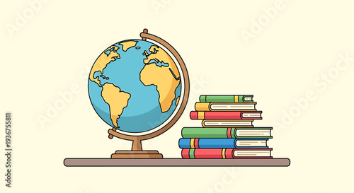 A colorful illustration of a globe and a stack of books on a shelf viewed from the front