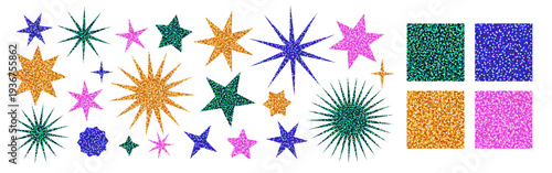 Glitter seamless patterns and star shaped stickers. Shiny vector sequin textures in green, blue, gold, and pink, sparkling disco style. Ideal for christmas designs. Drag to swatches panel to use