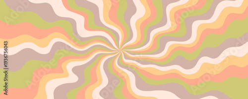 Psychedelic rainbow background with pastel wavy rays forming a retro swirl pa...