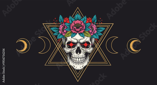 Mystical illustration of a human skull with glowing red eyes, a vibrant floral crown, and sacred geometry symbols against a dark background.