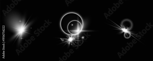 Bright Lens Flare Collection with Circular Glow, Star Light and Sparkling Effects on Dark Background