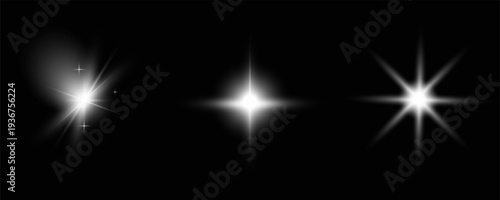 Bright Star Light Flares Collection with Radiating Glow and Sharp Light Rays on Dark Background