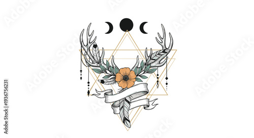 Boho-chic illustration of deer antlers adorned with flowers, feathers, and a blank ribbon banner over sacred geometry and moon phases.