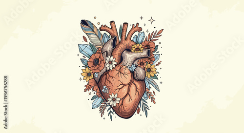 Anatomical human heart illustration beautifully decorated with blooming flowers, delicate feathers, and shimmering crystals in a vintage style.