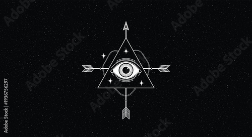 Mystical All-Seeing Eye of Providence symbol inside a pyramid with crossed arrows against a starry night sky background illustration.