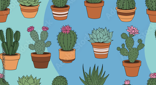 Colorful seamless pattern with various types of hand-drawn cacti and succulent plants in terracotta pots on a light blue background.