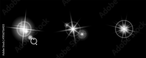 Realistic Lens Flare Collection with Bright Star Light, Halo Rings and Floating Bokeh Effects on Dark Background