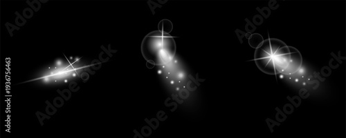 Abstract Light Flare Pack with Glow Trails, Starburst and Shiny Particle Elements on Black Background