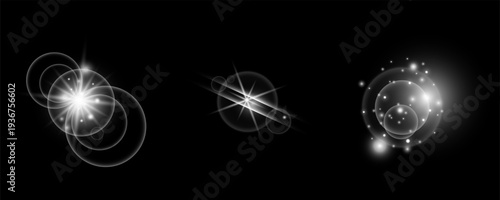 Bright Lens Flare Collection with Radiant Star Light, Circular Glow Rings and Floating Sparkle Effects on Dark Background