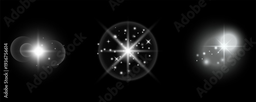 White Lens Flare Effects Set with Starburst Glow, Halo Circles and Sparkling Light Particles on Black Background