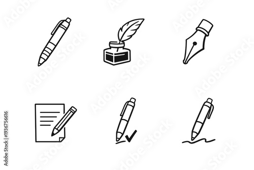 Black and white icons of pens, fountain pen nib, inkwell, paper with pen