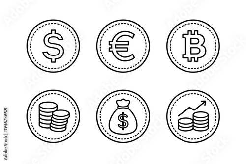 Currency and finance icons: dollar, euro, bitcoin, coins, money bag, growth chart