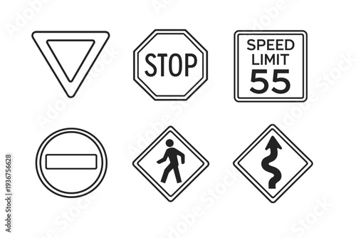 Black and white traffic signs collection: yield, stop, speed limit, no entry, pedestrian, curvy road