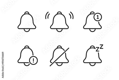 Notification bell icon set: alert, silent, message, and snooze variations