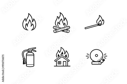 Fire safety icons featuring flames, extinguisher, burning matches, and alarm