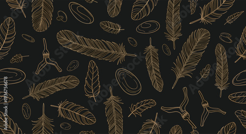 Elegant seamless pattern of delicate golden outline feathers and abstract shapes scattered across a solid black background illustration.