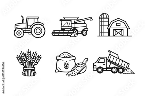 Agricultural equipment and farm icons set featuring tractor and barn