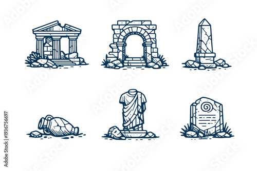 Ancient ruins and artifacts illustrations: temples, arches, obelisks, statues, and artifacts