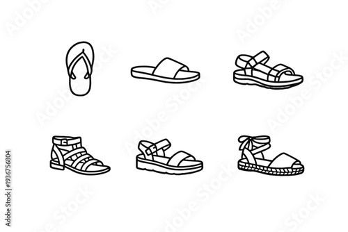 Collection of various sandal types in black line art style