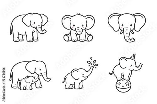 Cute cartoon elephant illustrations in various poses: playful and adorable designs