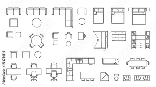 Furniture Outline Top View Icons Set – Thin Line Floor Plan Symbols for Interior Architecture Layout Design