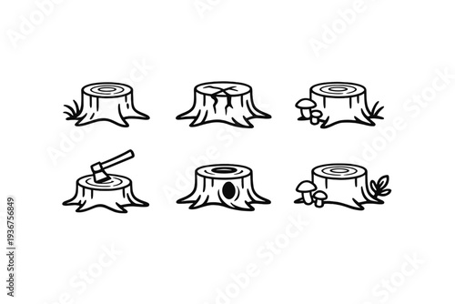 Illustration of tree stumps and axe icon set with mushrooms and leaves