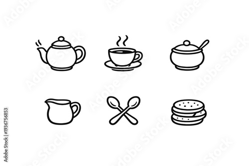 Minimalist tea and coffee icons: teapot, cup, sugar bowl, milk jug, spoons, biscuits