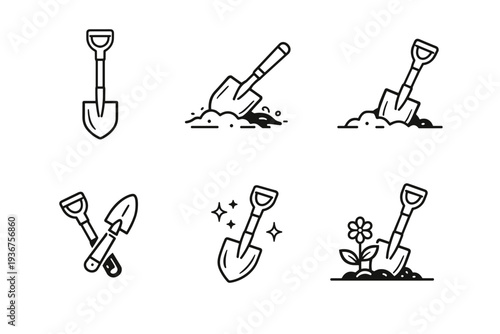 Set of shovel icons for gardening and construction in black and white style
